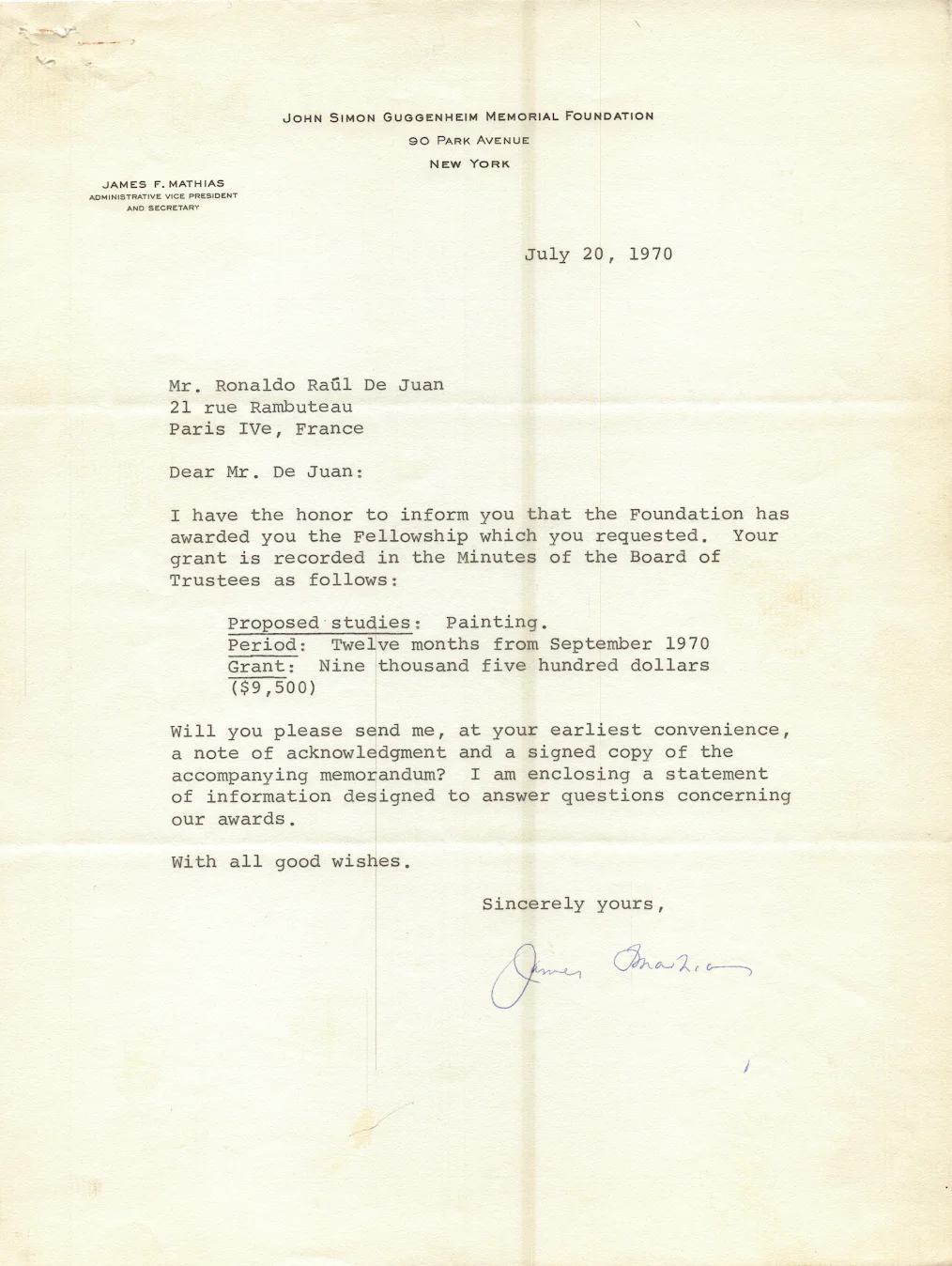 Guggenheim Fellowship Letter - July 20, 1970